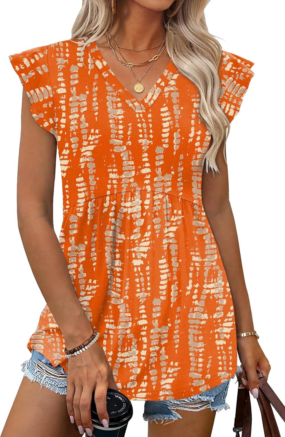 imageWIHOLL Womens Summer Tops 2026 Babydoll Shirts Ruffle Sleeve Spring Outfits Dressy Casual BlousesOrange Pattern