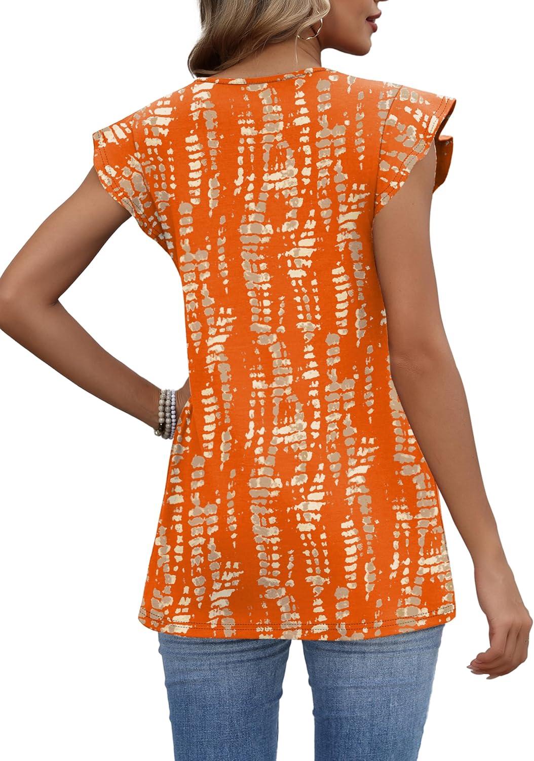 imageWIHOLL Womens Summer Tops 2026 Babydoll Shirts Ruffle Sleeve Spring Outfits Dressy Casual BlousesOrange Pattern