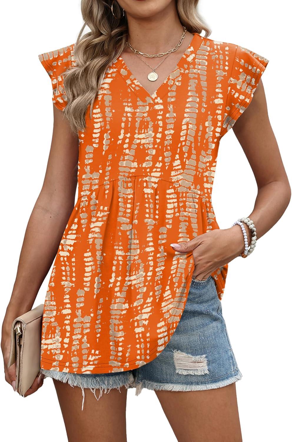 imageWIHOLL Womens Summer Tops 2026 Babydoll Shirts Ruffle Sleeve Spring Outfits Dressy Casual BlousesOrange Pattern
