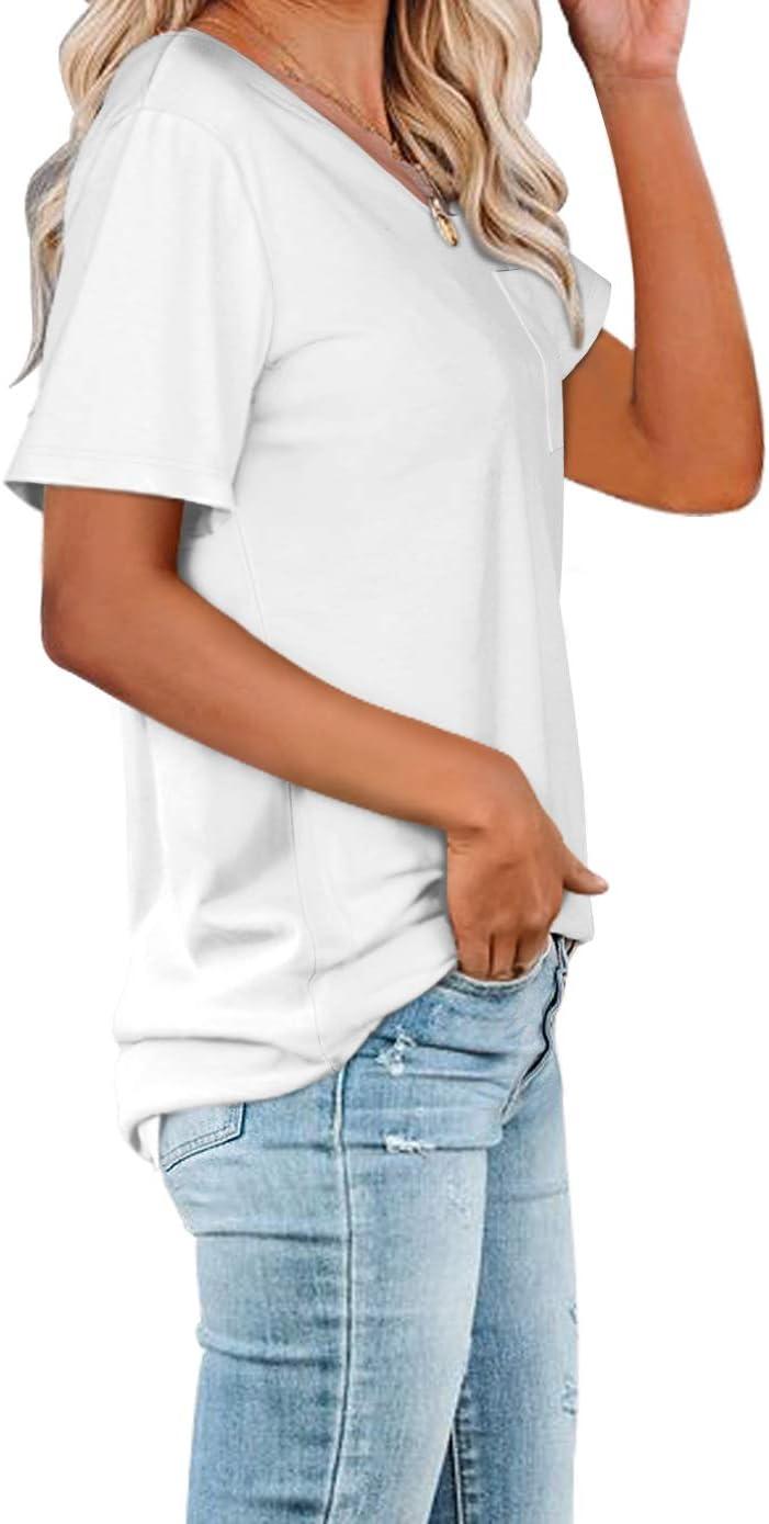 imageWIHOLL Women Summer T Shirts Short Sleeve Rounded V Neck Pocket Tee Tops00white