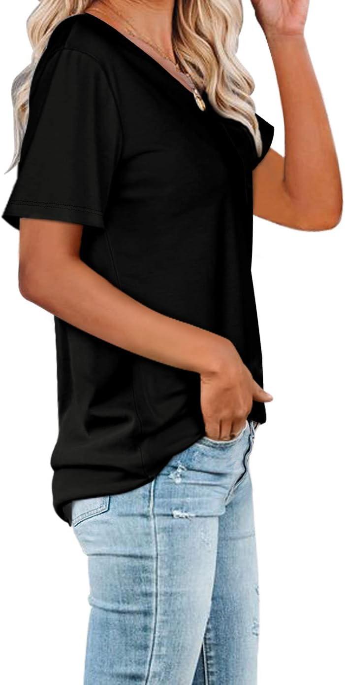 imageWIHOLL Women Summer T Shirts Short Sleeve Rounded V Neck Pocket Tee Tops1black