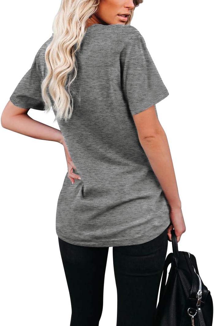 imageWIHOLL Women Summer T Shirts Short Sleeve Rounded V Neck Pocket Tee Tops1grey