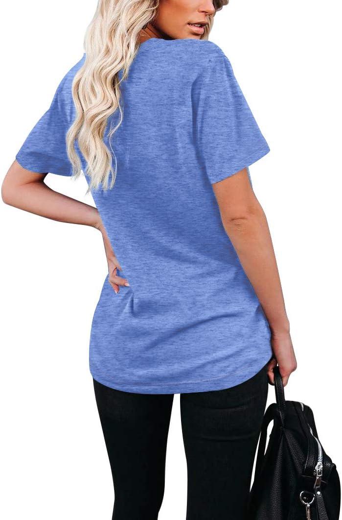 imageWIHOLL Women Summer T Shirts Short Sleeve Rounded V Neck Pocket Tee Tops1light Blue