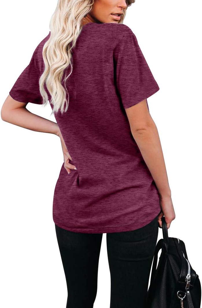 imageWIHOLL Women Summer T Shirts Short Sleeve Rounded V Neck Pocket Tee Tops1plum