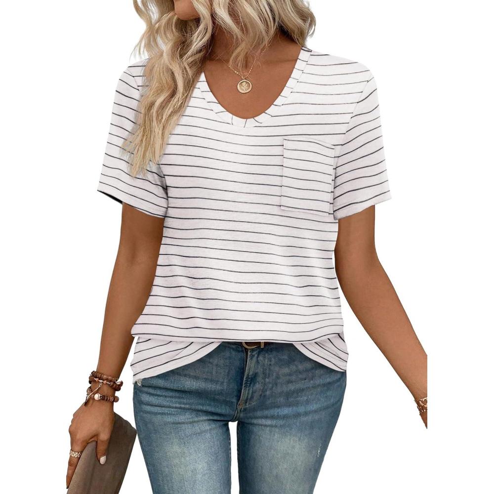 imageWIHOLL Women Summer T Shirts Short Sleeve Rounded V Neck Pocket Tee Tops00white Striped