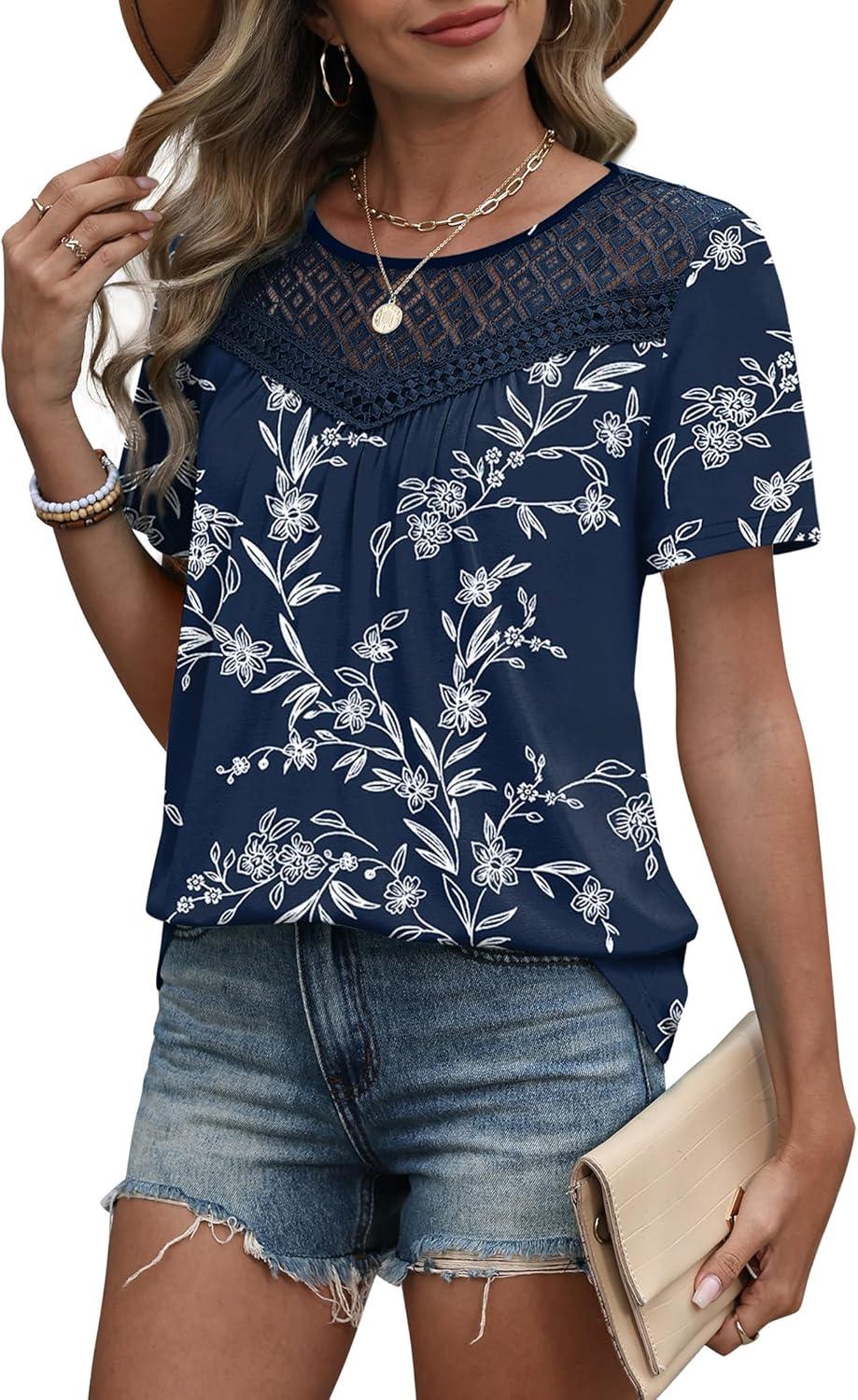 imageWIHOLL Womens Tops Short Sleeve Lace Shirts Summer Spring Tops Boho Trendy Beach Vacation Clothes Loose FitPattern Floral Navy