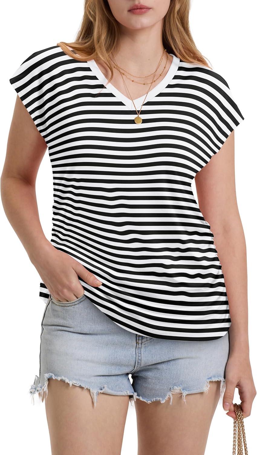 imageWIHOLL Womens V Neck Ruched Cap Sleeve T ShirtBlack Stripe