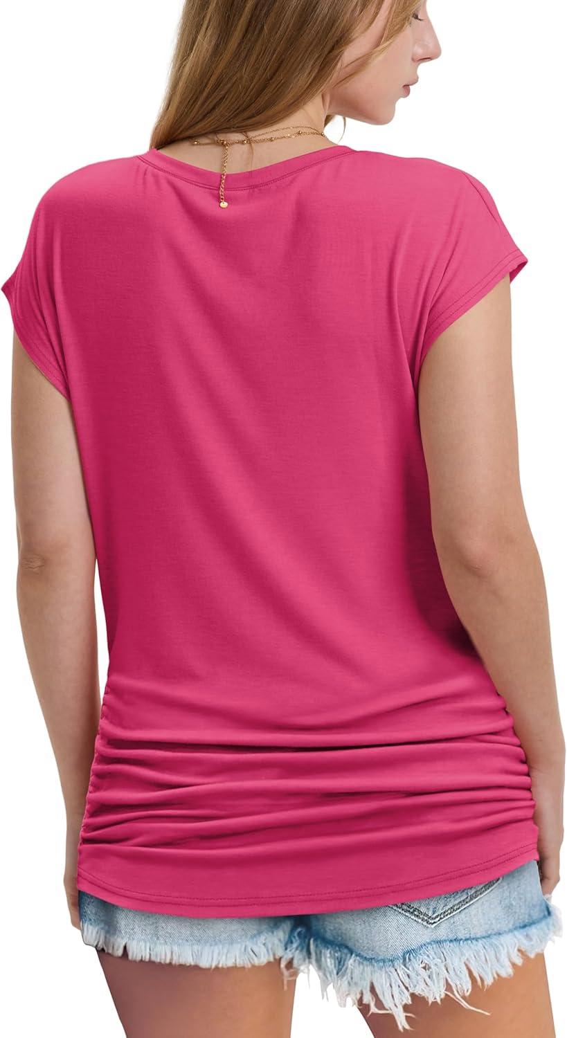 imageWIHOLL Womens V Neck Ruched Cap Sleeve T ShirtHot Pink