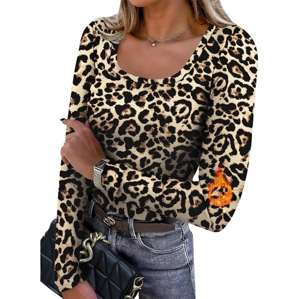 imageWIHOLL Long Sleeve Thermal Shirts for Women Light Fleece Tops Spring 2026 Square Neck Basic TeesBleopard