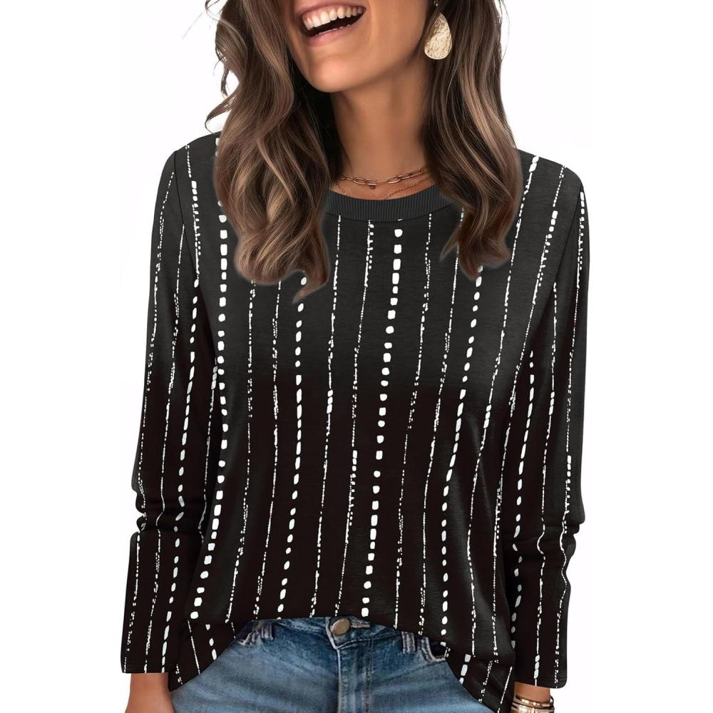 imageWIHOLL Womens Striped Long Sleeve Shirts Spring Outfits 2026 Color Block Tops Fashion Clothing Ribbed Crewneck Tee BlousesEblack