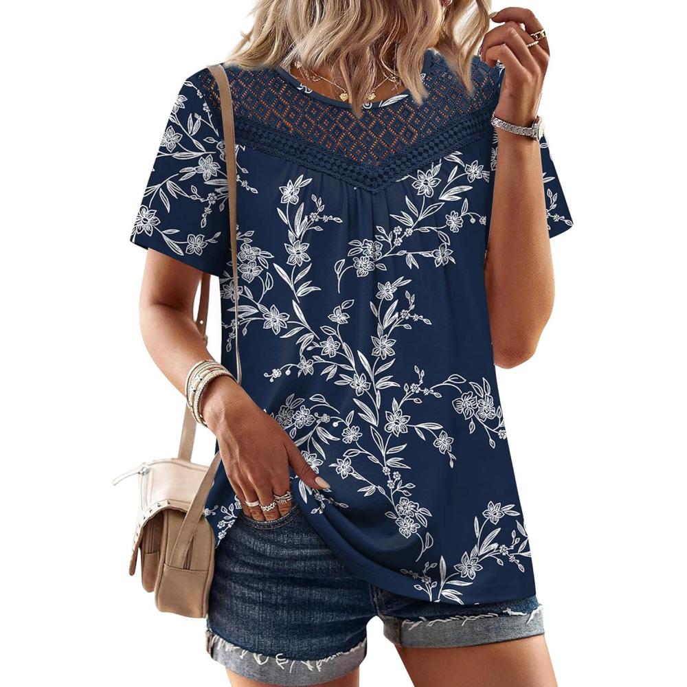imageWIHOLL Womens Tops Short Sleeve Lace Shirts Summer Spring Tops Boho Trendy Beach Vacation Clothes Loose FitPattern Floral Navy