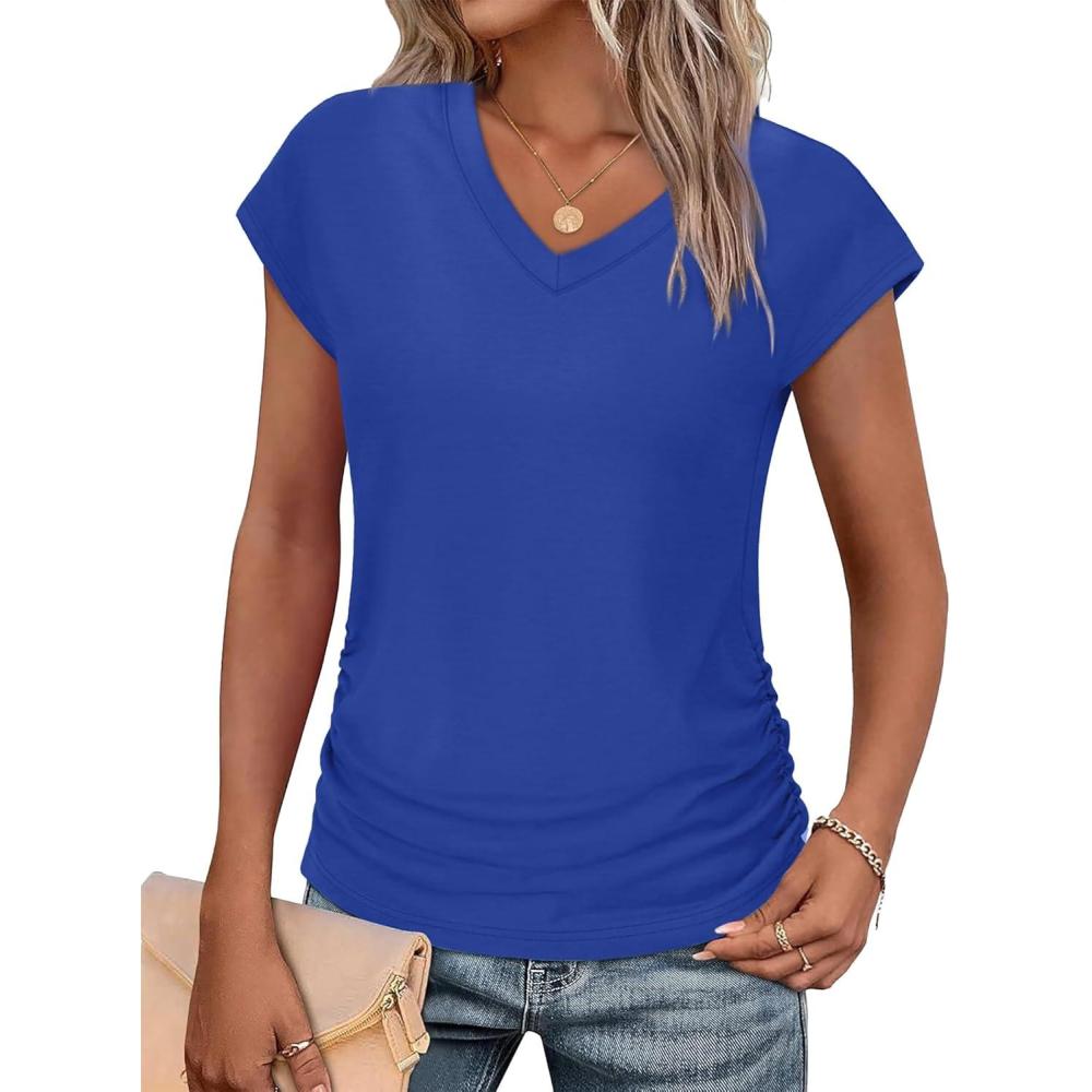 imageWIHOLL Womens V Neck Ruched Cap Sleeve T ShirtDark Blue