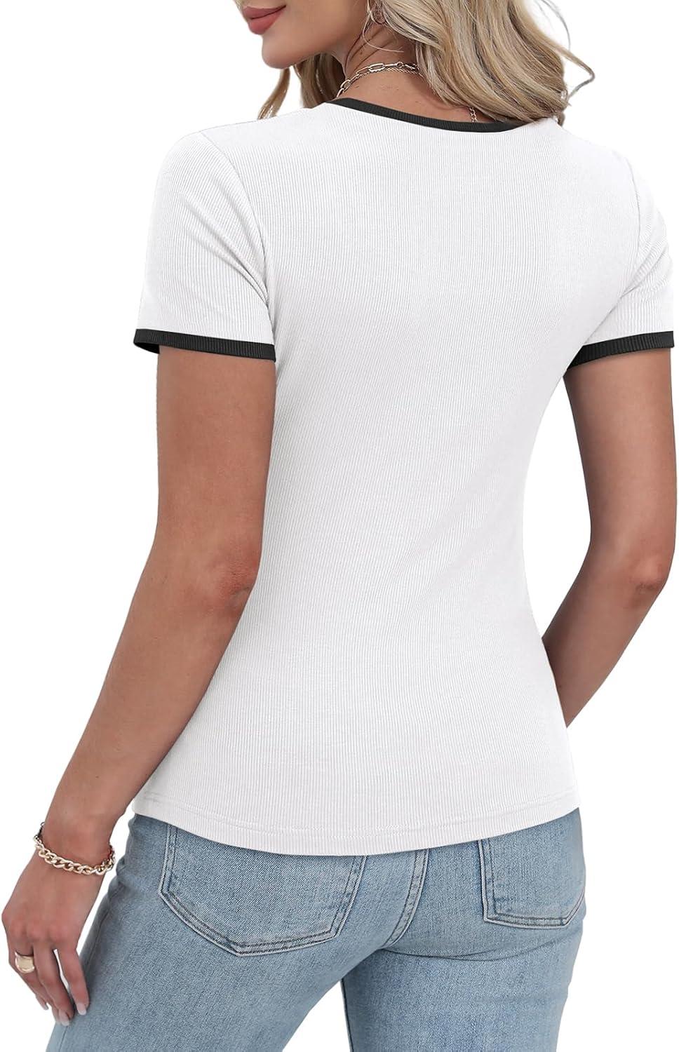 imageWIHOLL Womens Ribbed Knit Scoop Neck Tees Slim Fit Short Sleeve Tops Summer 2025 Trendy Basic TshirtsColor Block White