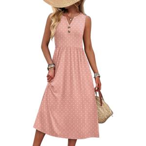 WIHOLL Vacation Dresses for Women 2026 Summer Flowy Maxi Cute Boho Midi Tshirt Dress Beach Essentials Pink Polka Dot L