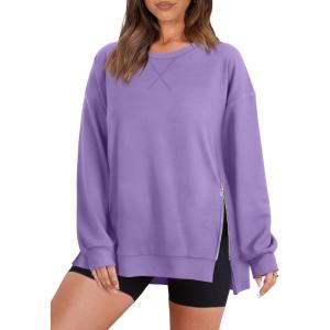 WIHOLL Women’s Oversized Lightweight Sweatshirt with Side Slit Zipper Soft Crew Neck Pullover Long Sleeve Tops 2024 Fashion