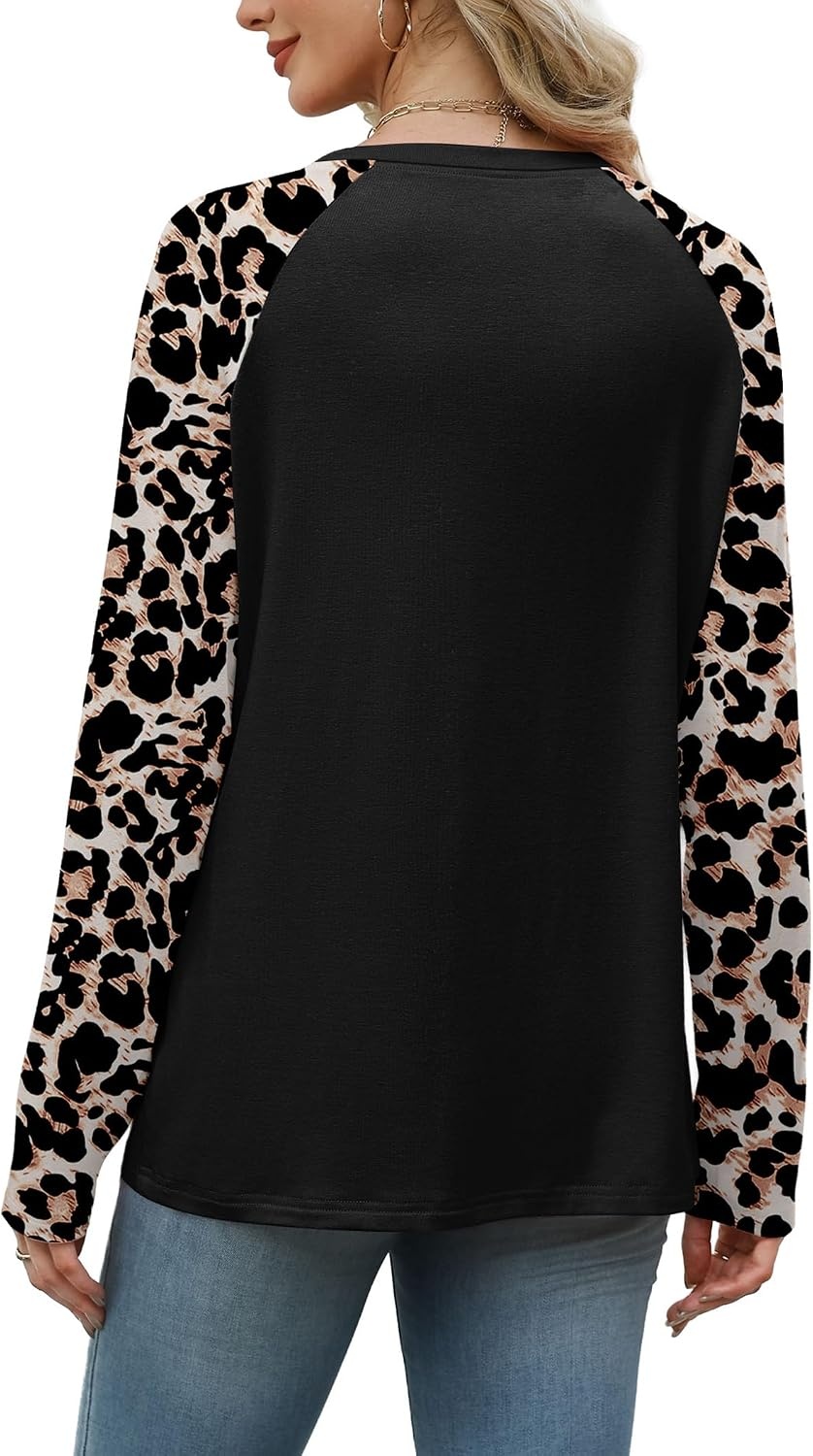 image:imageWIHOLL Long Sleeve Shirts for Women Color Block Raglan Tops Fall Fashion01 Leopard Black