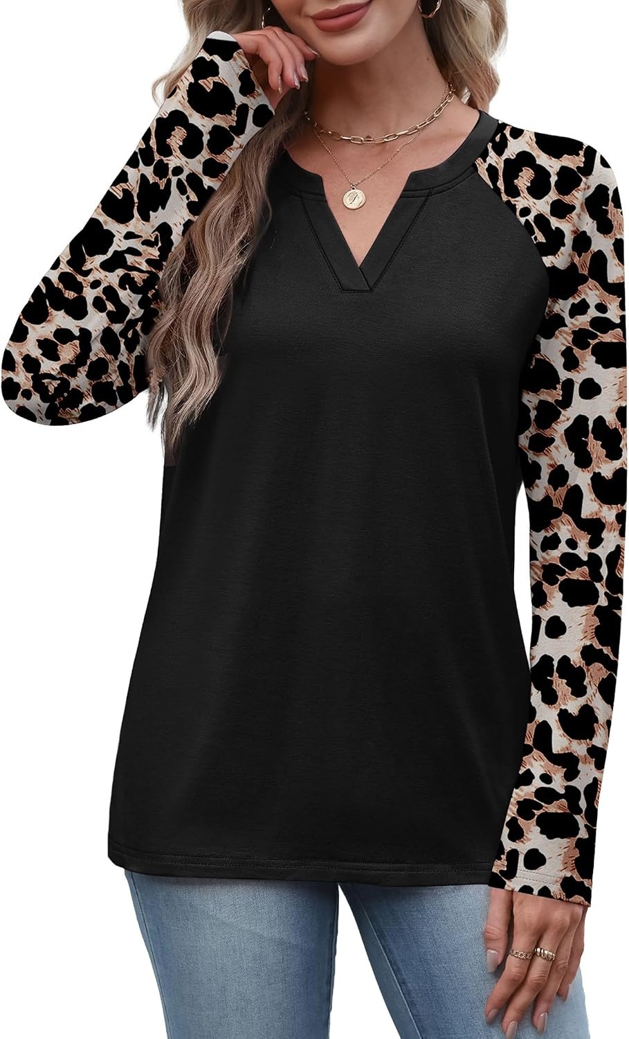 image:imageWIHOLL Long Sleeve Shirts for Women Color Block Raglan Tops Fall Fashion01 Leopard Black