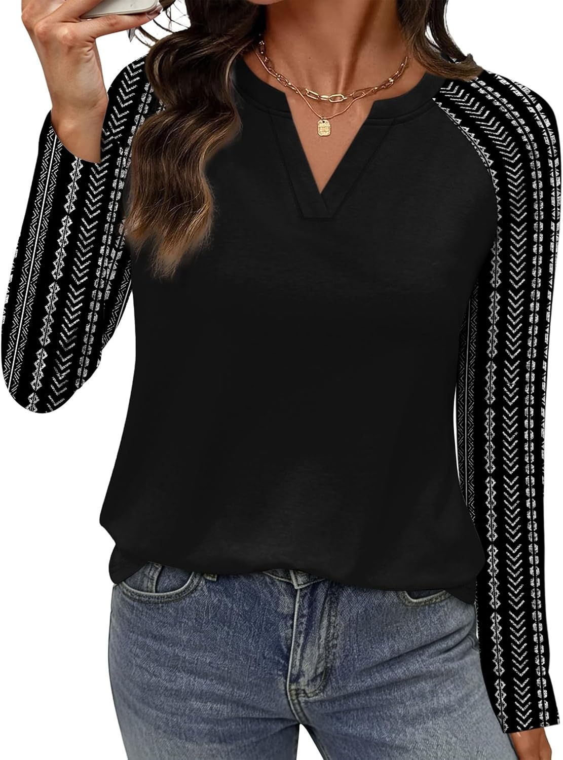image:imageWIHOLL Long Sleeve Shirts for Women Color Block Raglan Tops Fall FashionBlack Striped
