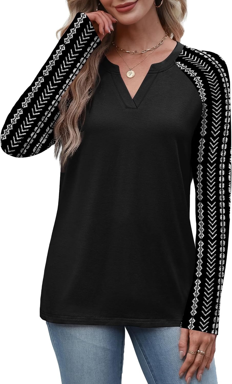 image:imageWIHOLL Long Sleeve Shirts for Women Color Block Raglan Tops Fall FashionBlack Striped