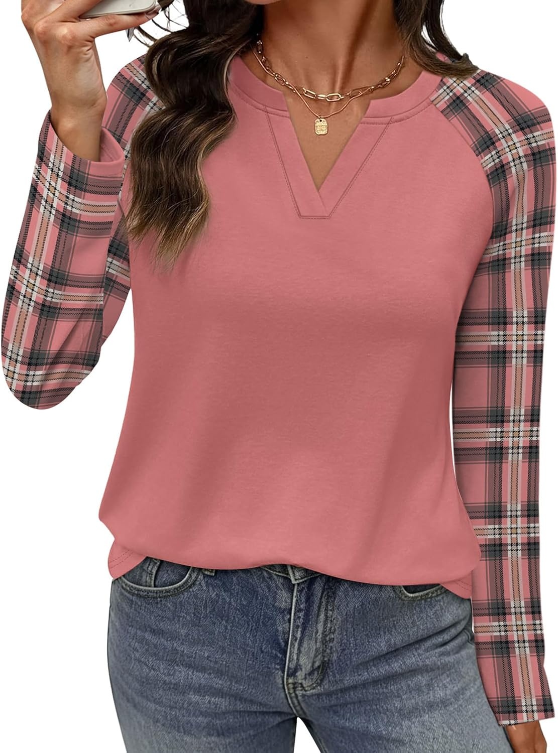 image:imageWIHOLL Long Sleeve Shirts for Women Color Block Raglan Tops Fall FashionPink Plaid