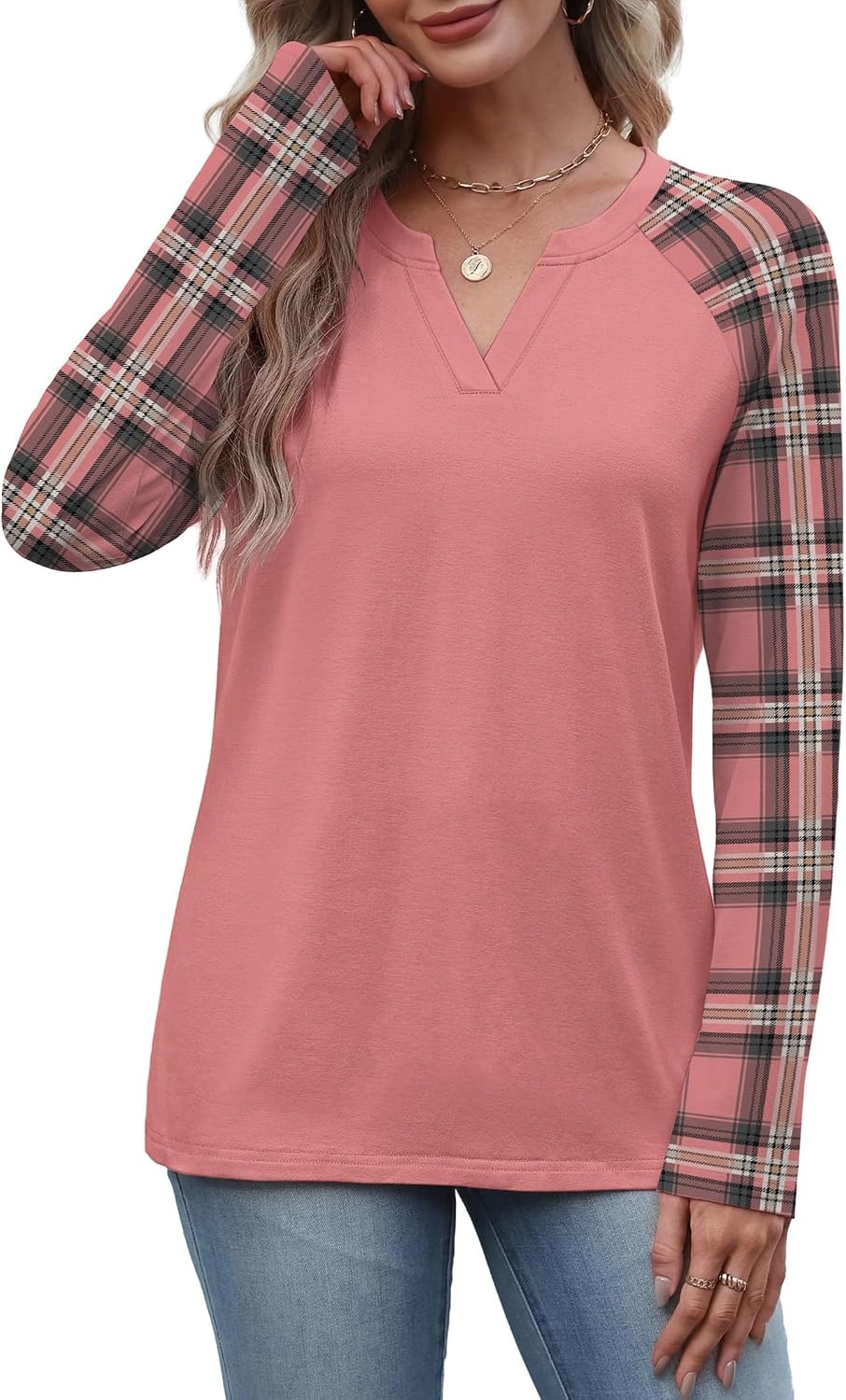 image:imageWIHOLL Long Sleeve Shirts for Women Color Block Raglan Tops Fall FashionPink Plaid