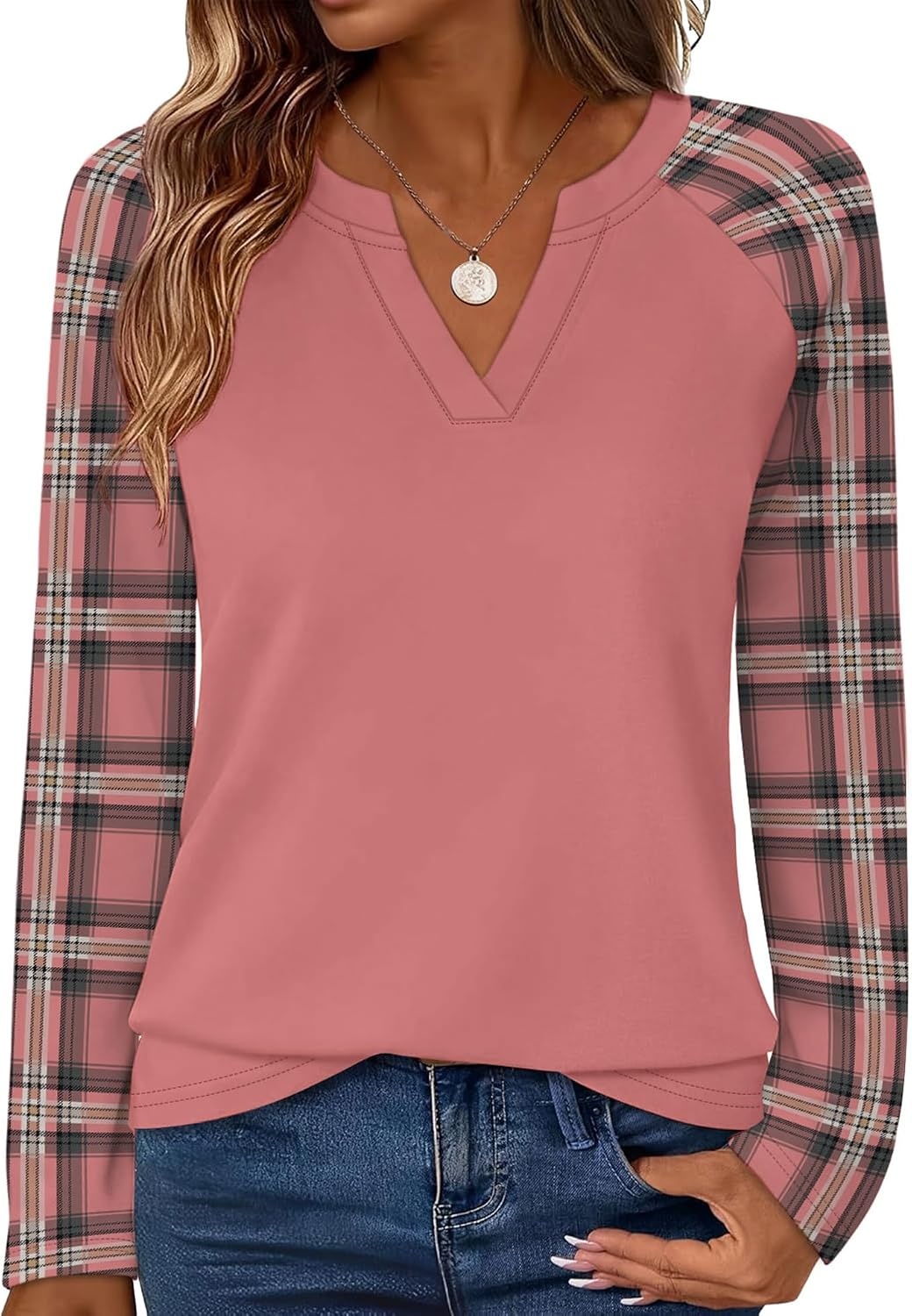 image:imageWIHOLL Long Sleeve Shirts for Women Color Block Raglan Tops Fall FashionPink Plaid