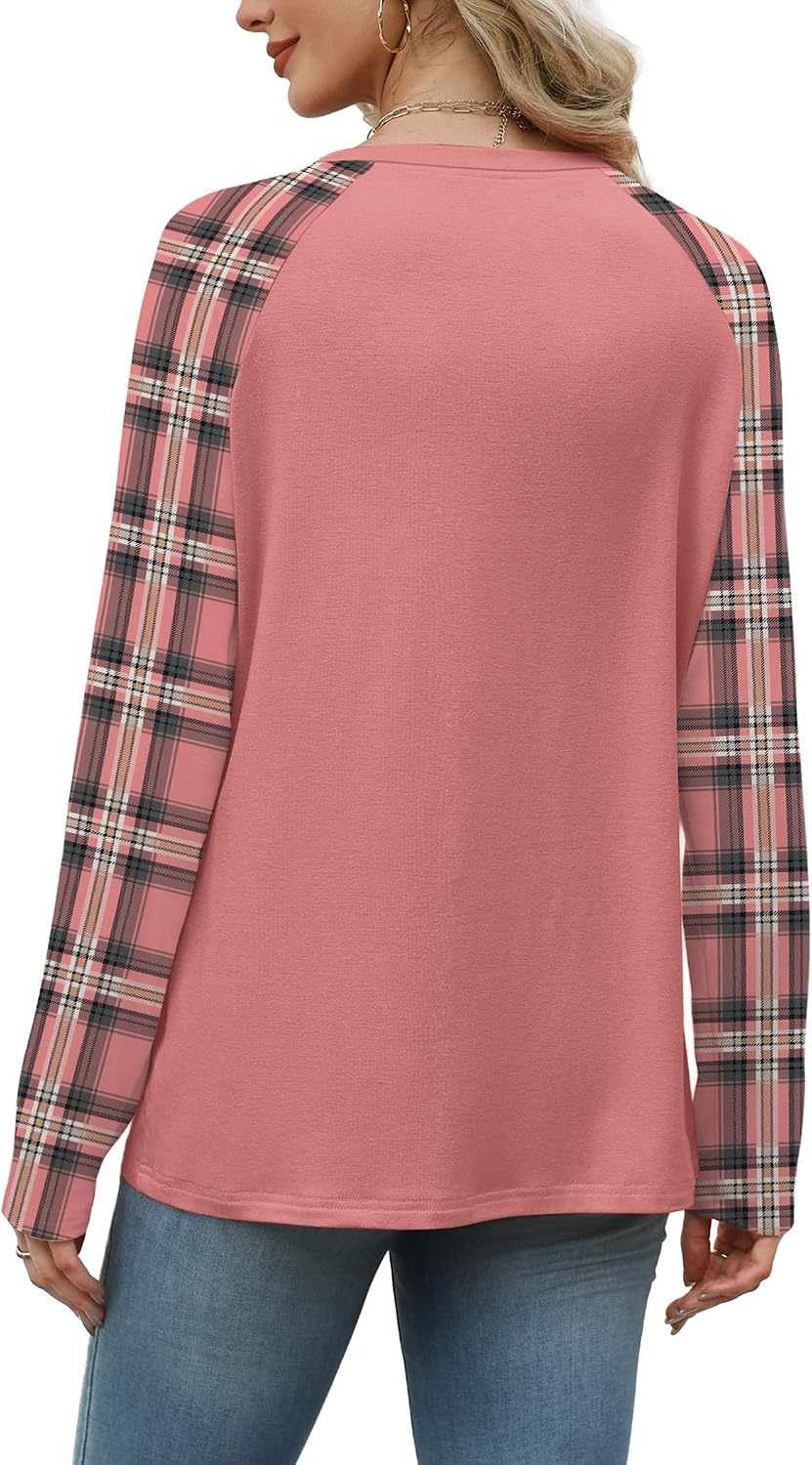 image:imageWIHOLL Long Sleeve Shirts for Women Color Block Raglan Tops Fall FashionPink Plaid