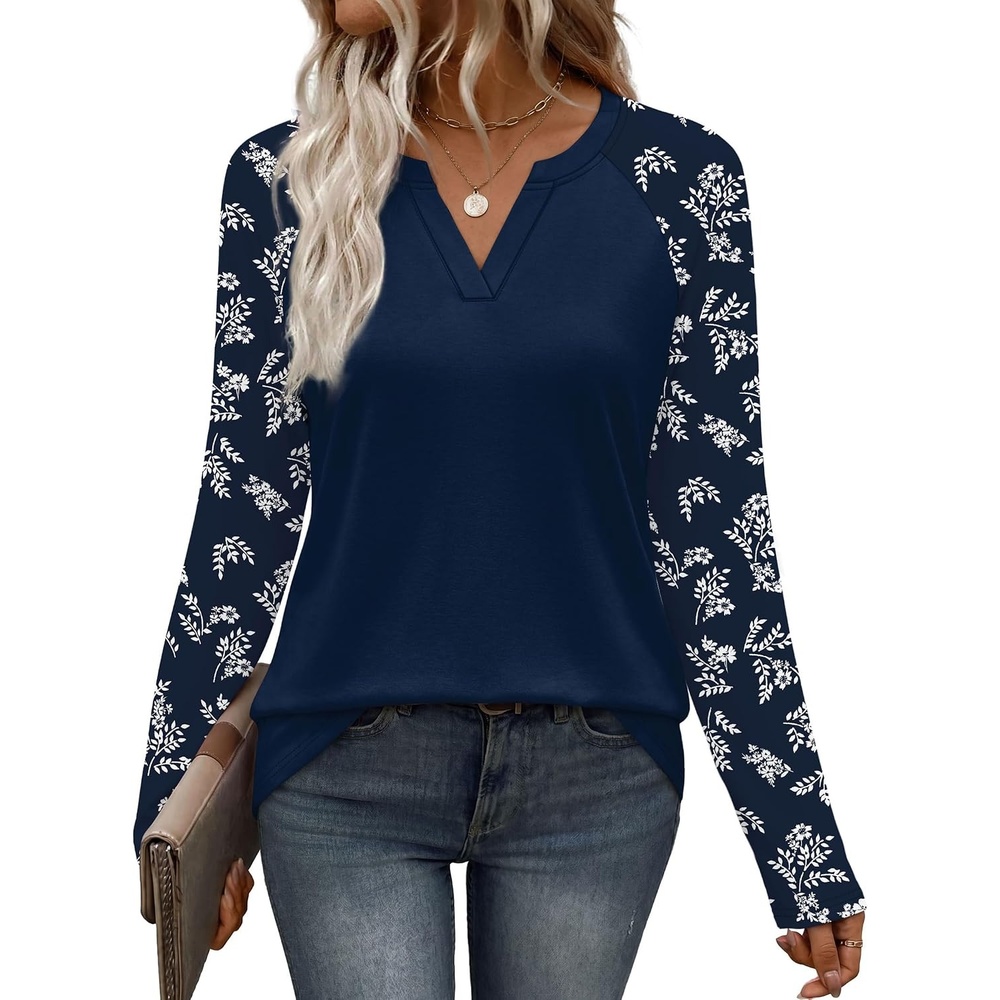 image:imageWIHOLL Long Sleeve Shirts for Women Color Block Raglan Tops Fall FashionBlue Floral