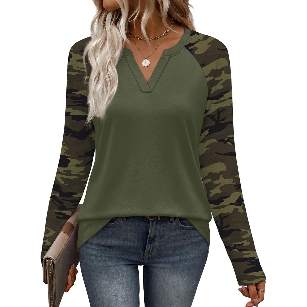 image:imageWIHOLL Long Sleeve Shirts for Women Color Block Raglan Tops Fall FashionCamo Army Green