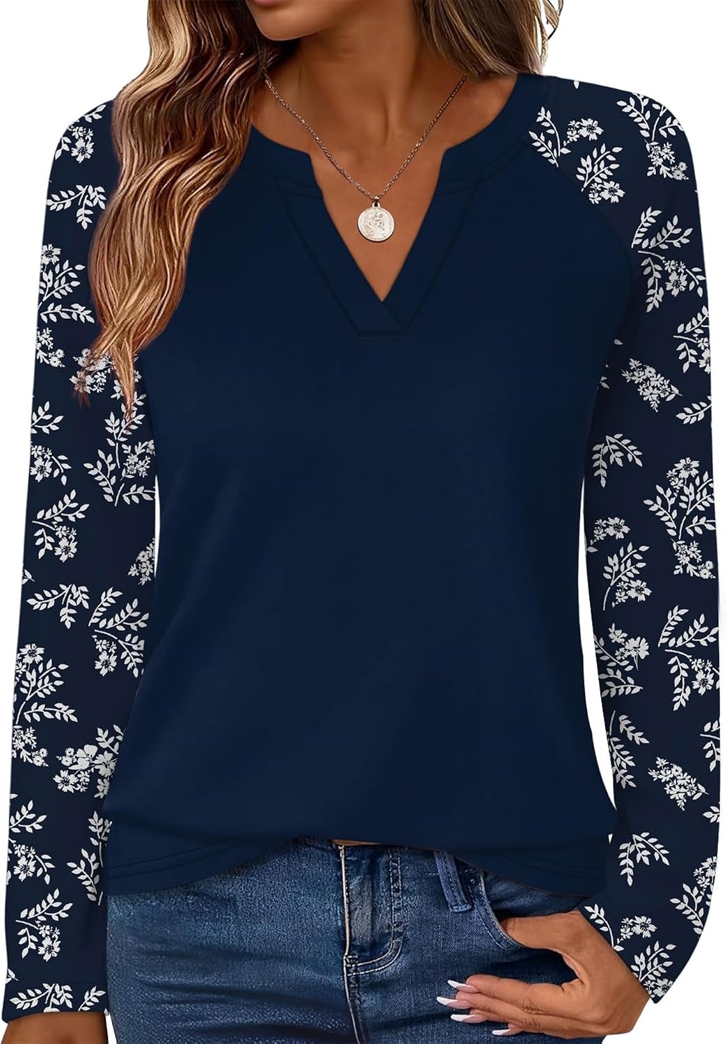 image:imageWIHOLL Long Sleeve Shirts for Women Color Block Raglan Tops Fall Fashion02 Blue Floral