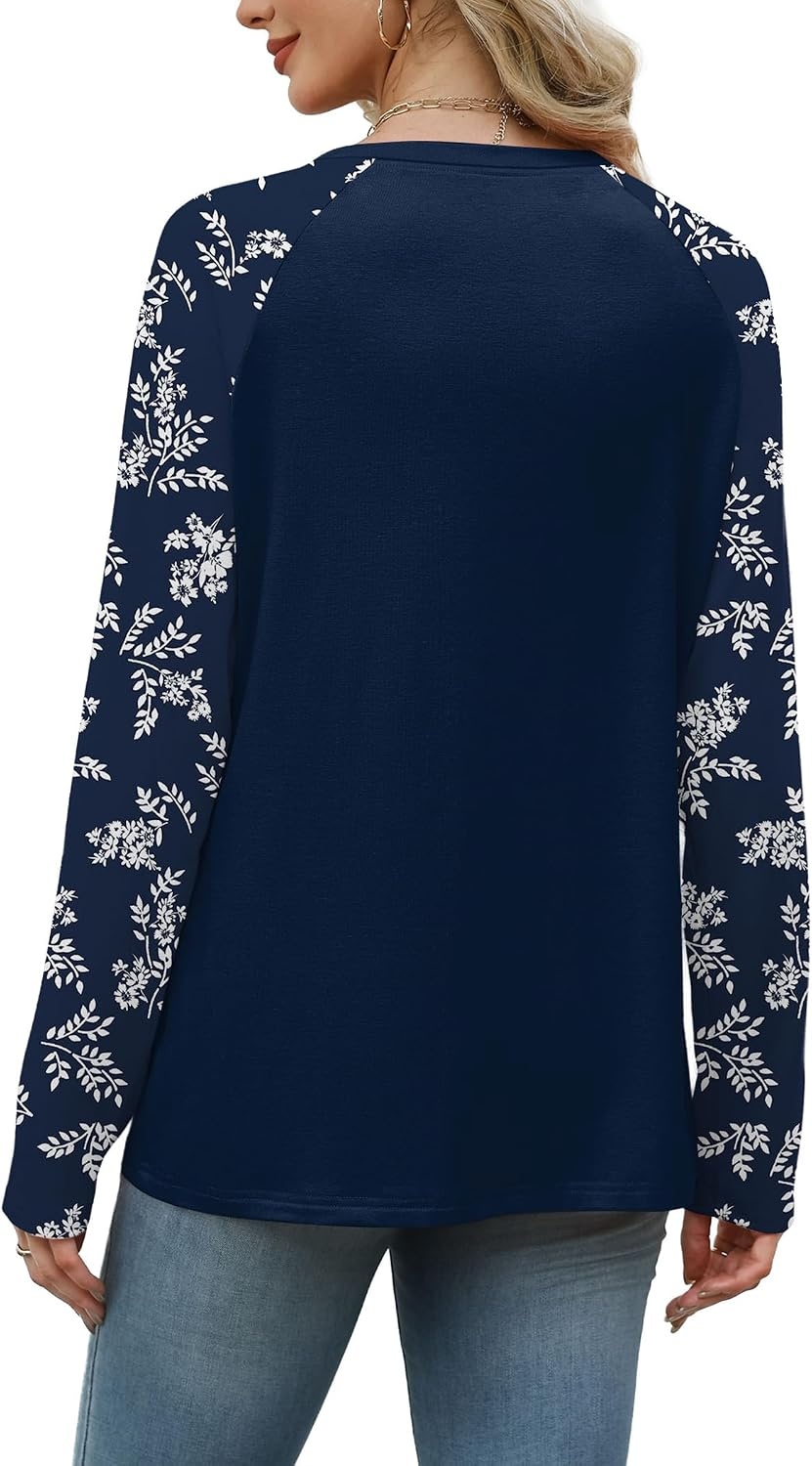 image:imageWIHOLL Long Sleeve Shirts for Women Color Block Raglan Tops Fall Fashion01 Blue Floral