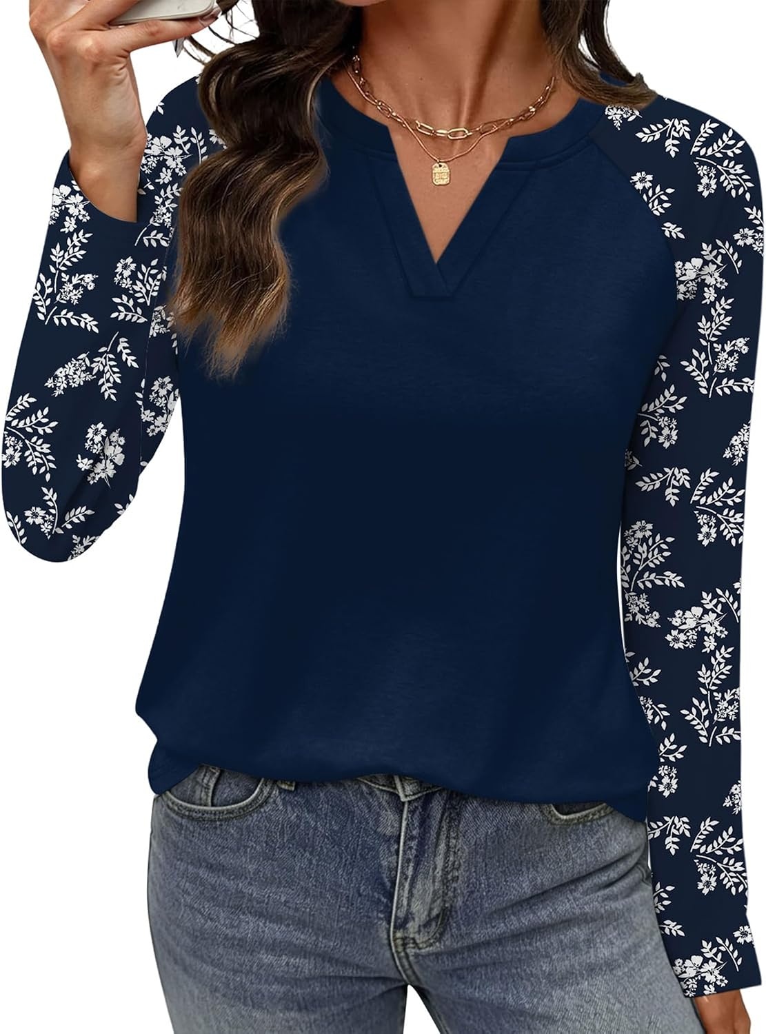 image:imageWIHOLL Long Sleeve Shirts for Women Color Block Raglan Tops Fall Fashion01 Blue Floral
