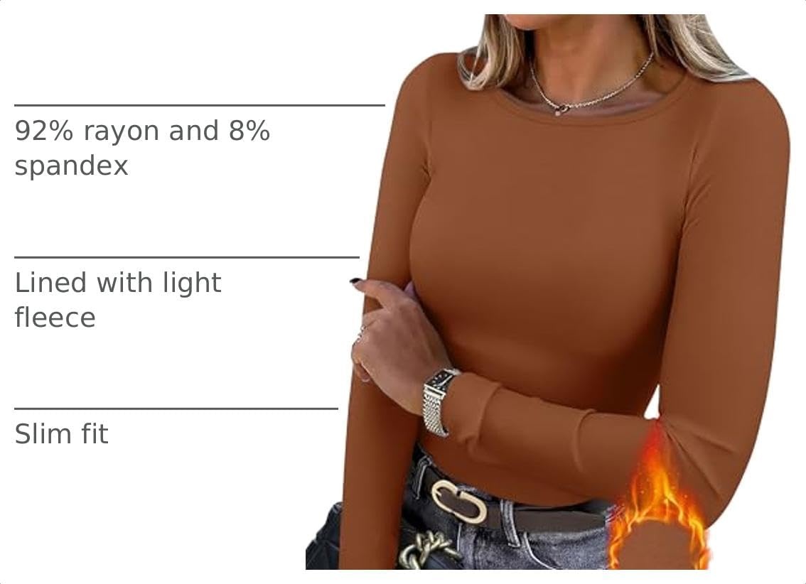 image:imageWIHOLL Long Sleeve Thermal Shirt for Women Light Fleece Tops Fall 2026 Crew Neck Casual Basic TShirtsFbrown
