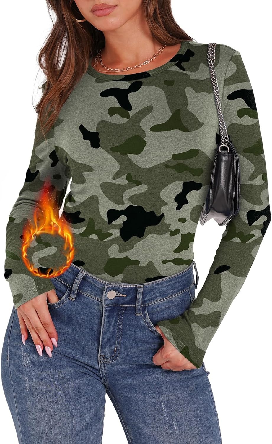image:imageWIHOLL Long Sleeve Thermal Shirt for Women Light Fleece Tops Fall 2026 Crew Neck Casual Basic TShirtsPrint 01