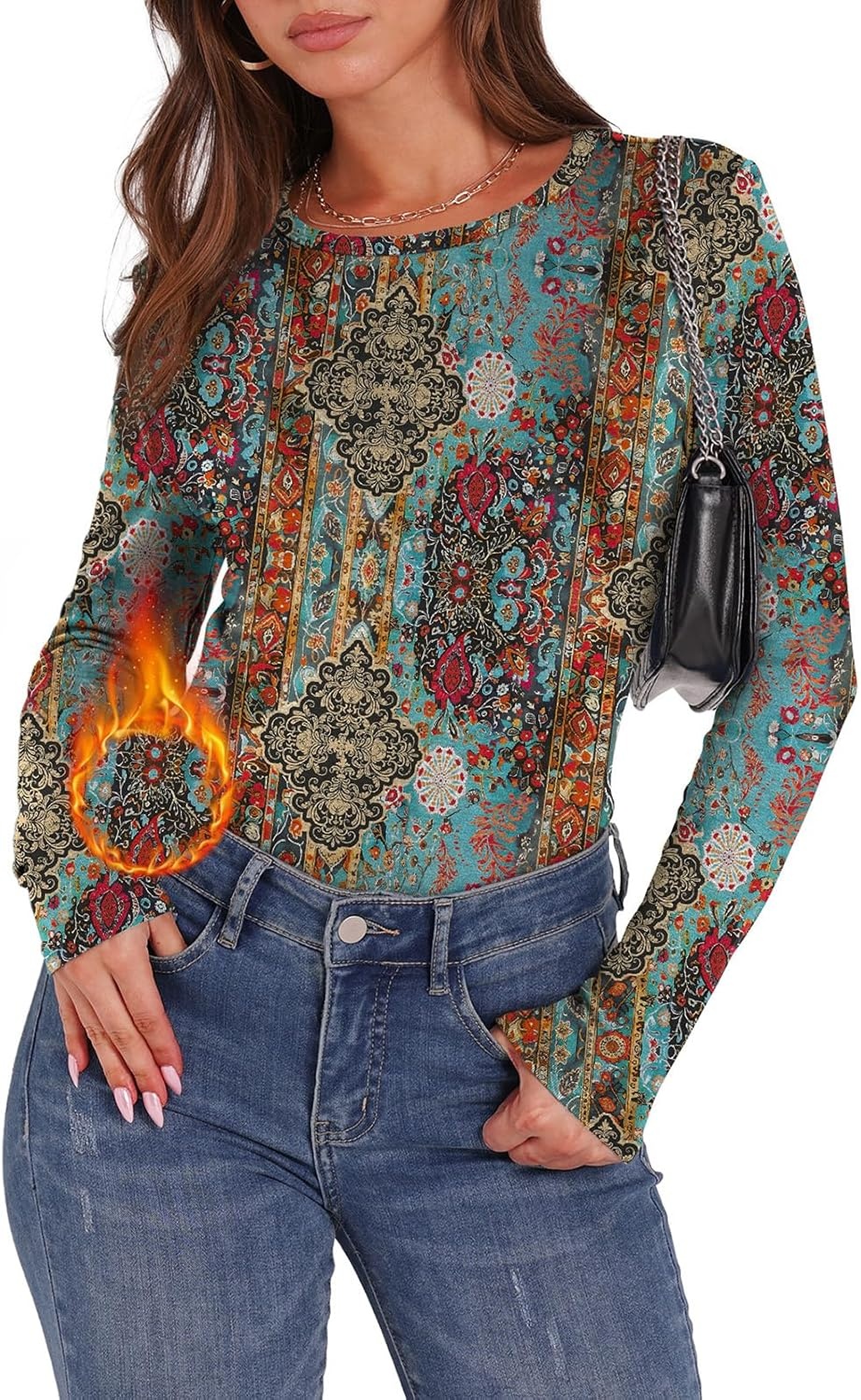 image:imageWIHOLL Long Sleeve Thermal Shirt for Women Light Fleece Tops Fall 2026 Crew Neck Casual Basic TShirtsPrint 03