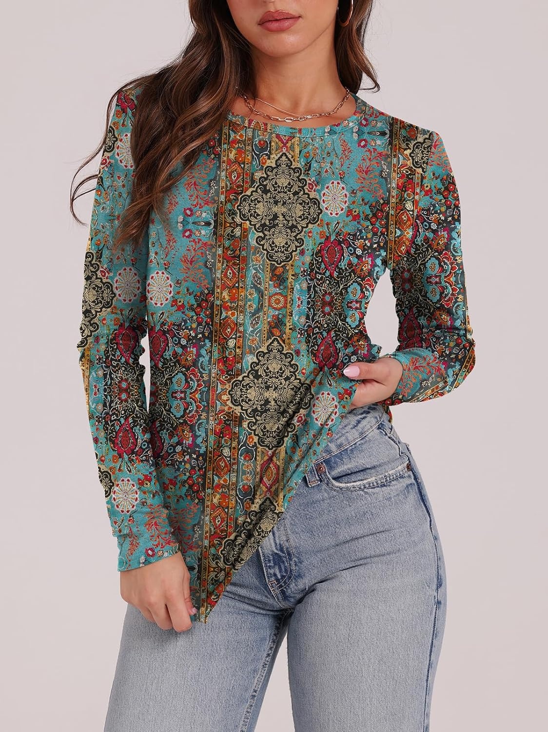 image:imageWIHOLL Long Sleeve Thermal Shirt for Women Light Fleece Tops Fall 2026 Crew Neck Casual Basic TShirtsPrint 03