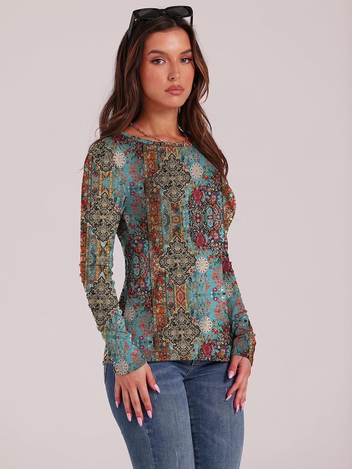 image:imageWIHOLL Long Sleeve Thermal Shirt for Women Light Fleece Tops Fall 2026 Crew Neck Casual Basic TShirtsPrint 03