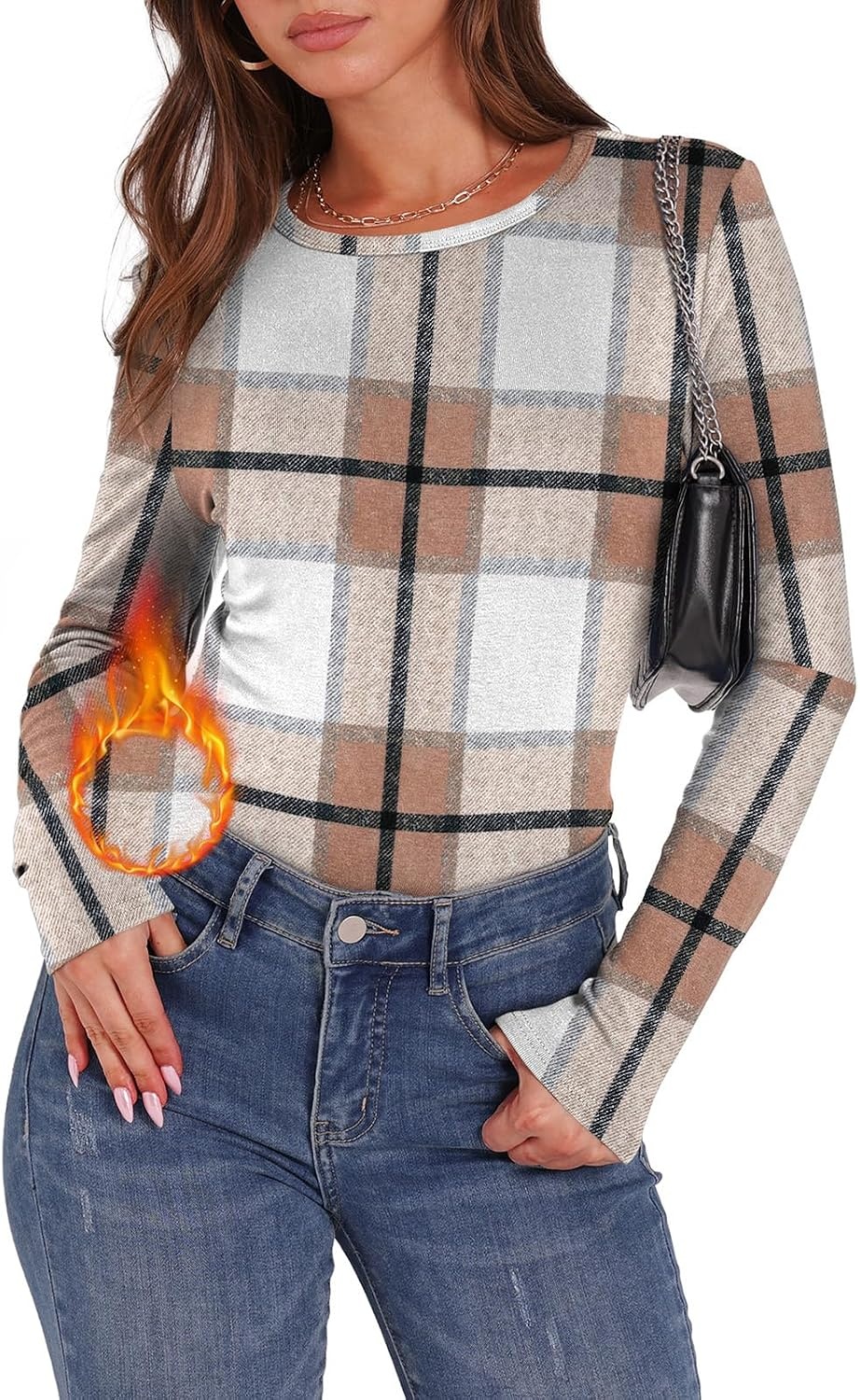 image:imageWIHOLL Long Sleeve Thermal Shirt for Women Light Fleece Tops Fall 2026 Crew Neck Casual Basic TShirtsPrint 04