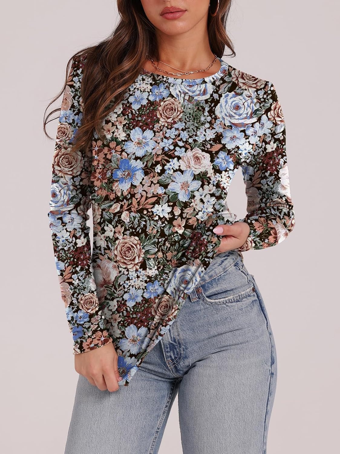 image:imageWIHOLL Long Sleeve Thermal Shirt for Women Light Fleece Tops Fall 2026 Crew Neck Casual Basic TShirtsPrint 05