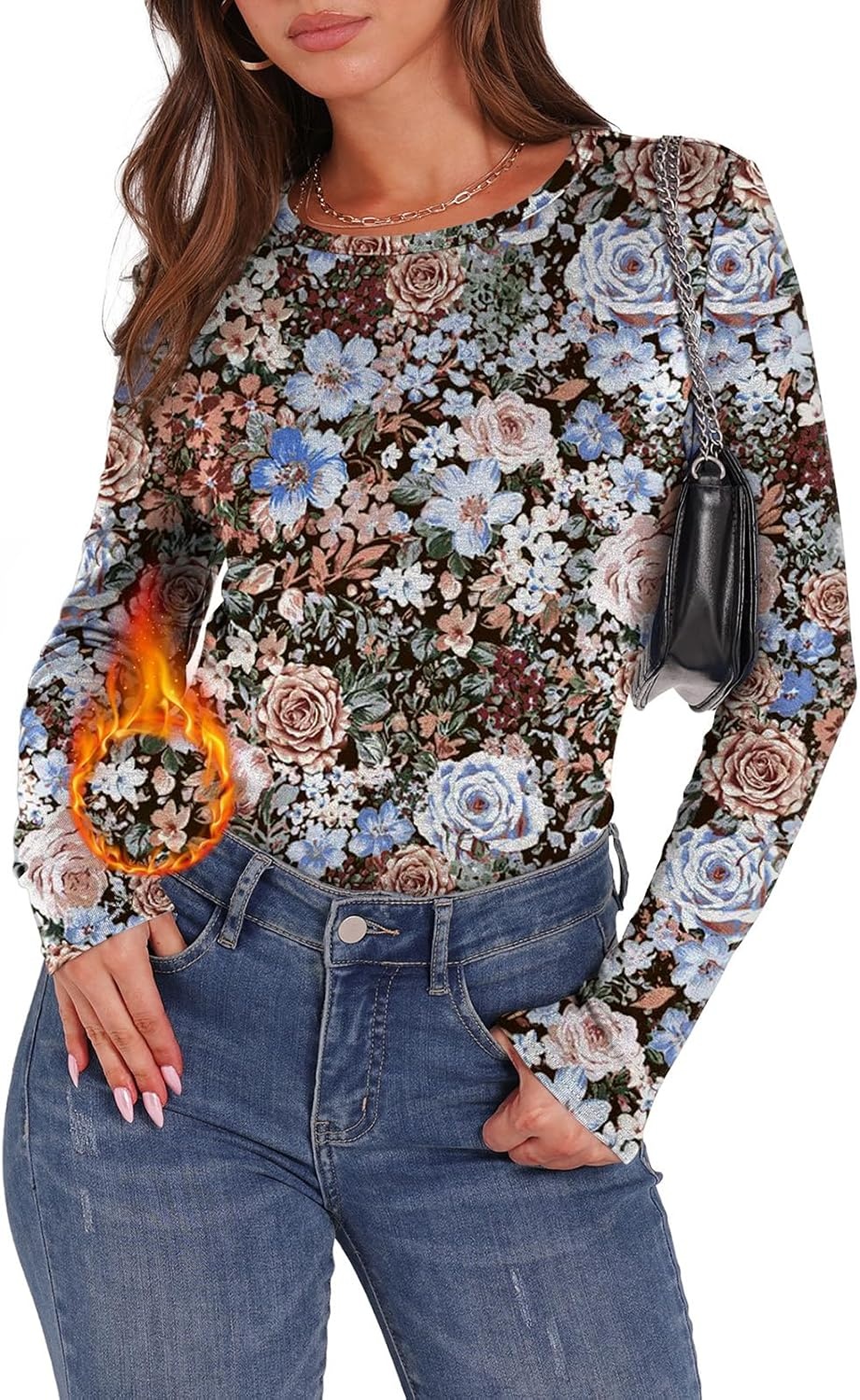 image:imageWIHOLL Long Sleeve Thermal Shirt for Women Light Fleece Tops Fall 2026 Crew Neck Casual Basic TShirtsPrint 05