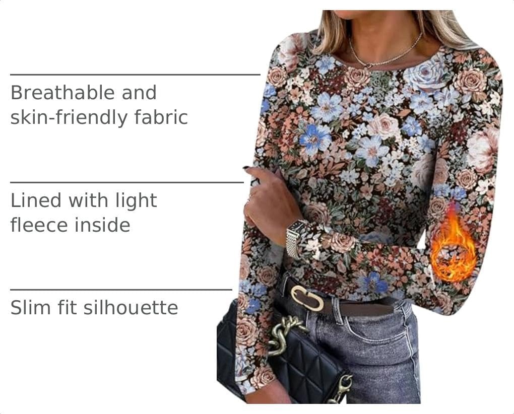image:imageWIHOLL Long Sleeve Thermal Shirt for Women Light Fleece Tops Fall 2026 Crew Neck Casual Basic TShirtsPrint 05