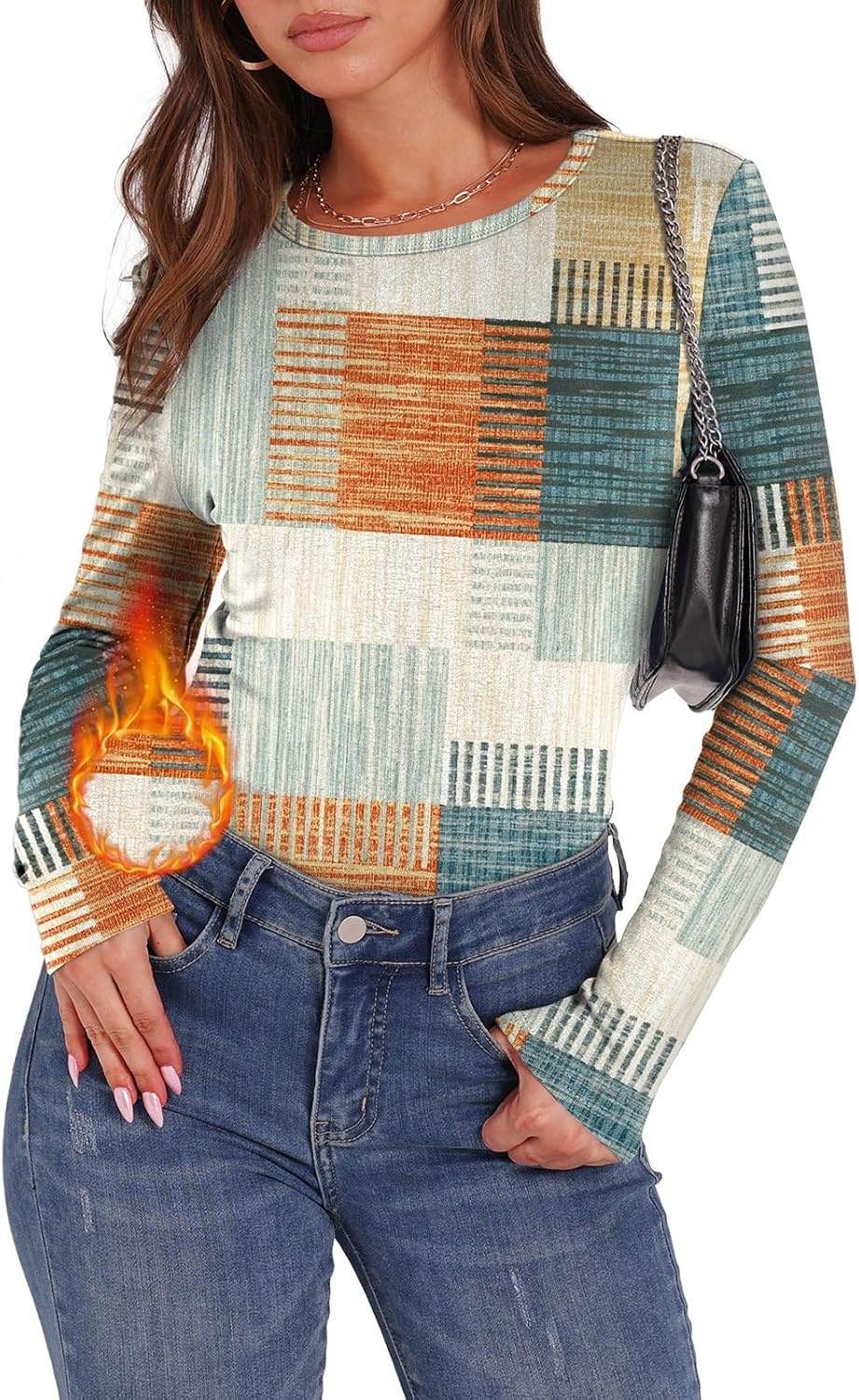 image:imageWIHOLL Long Sleeve Thermal Shirt for Women Light Fleece Tops Fall 2026 Crew Neck Casual Basic TShirtsPrint 06
