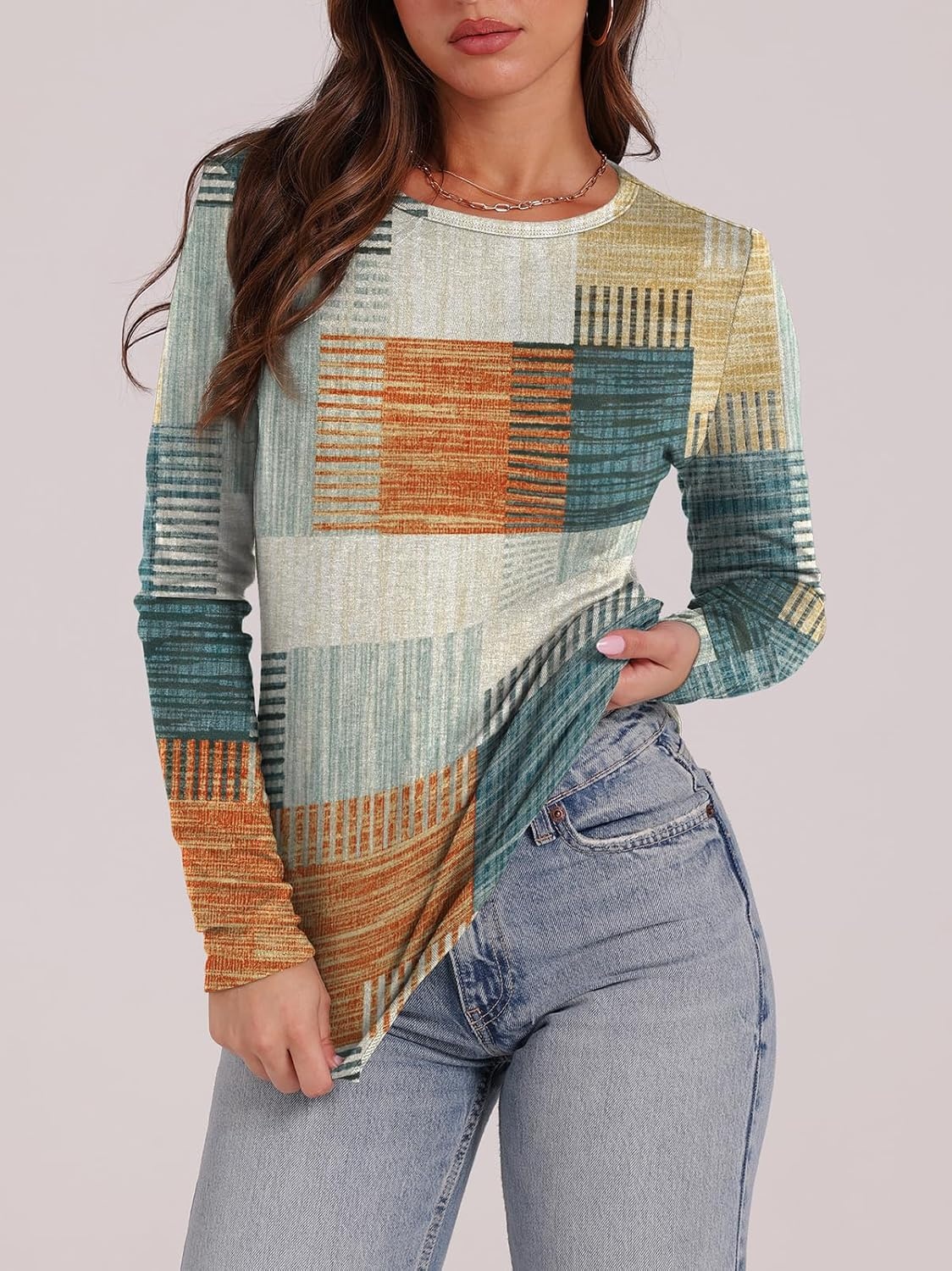 image:imageWIHOLL Long Sleeve Thermal Shirt for Women Light Fleece Tops Fall 2026 Crew Neck Casual Basic TShirtsPrint 06