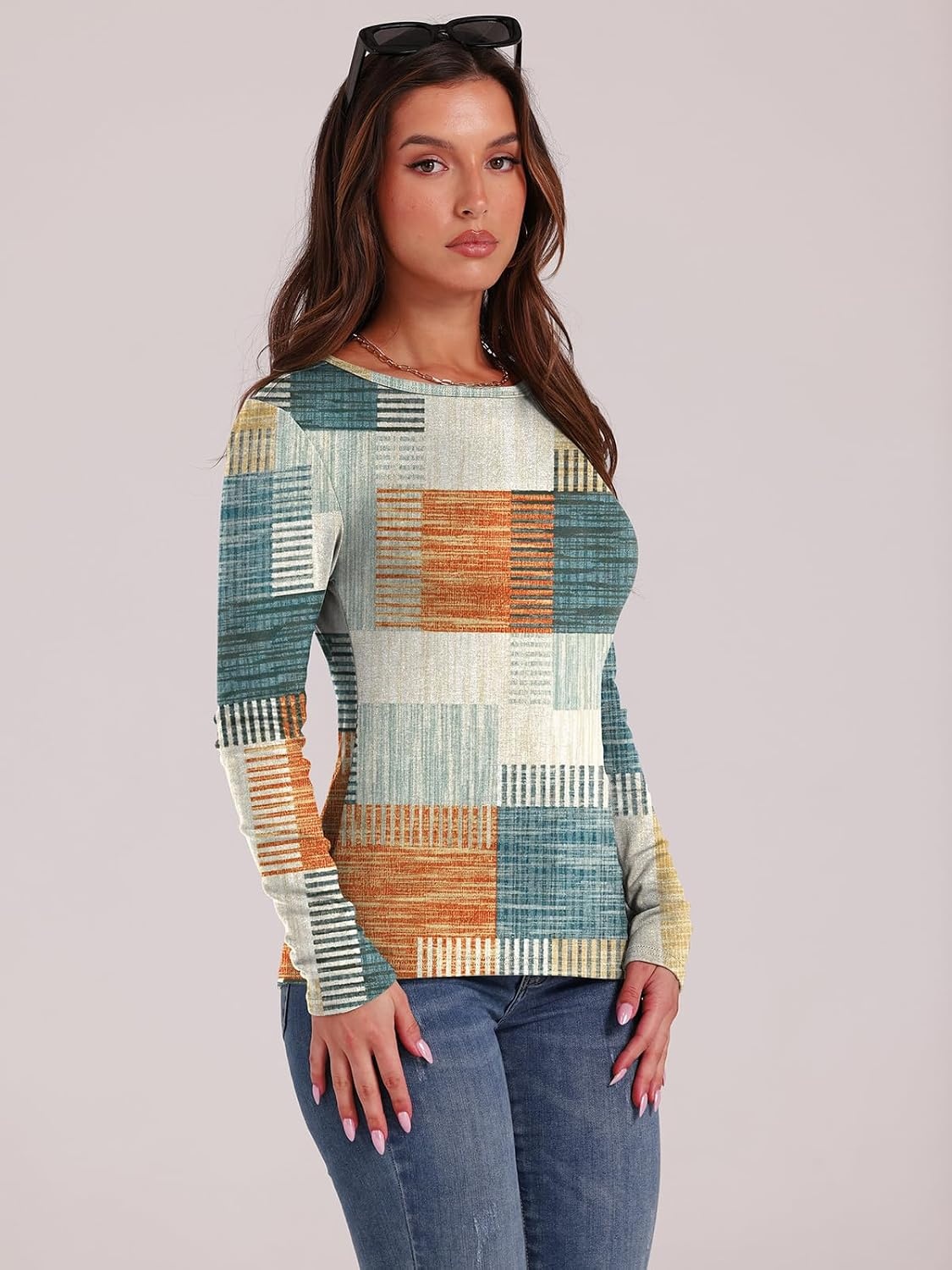 image:imageWIHOLL Long Sleeve Thermal Shirt for Women Light Fleece Tops Fall 2026 Crew Neck Casual Basic TShirtsPrint 06
