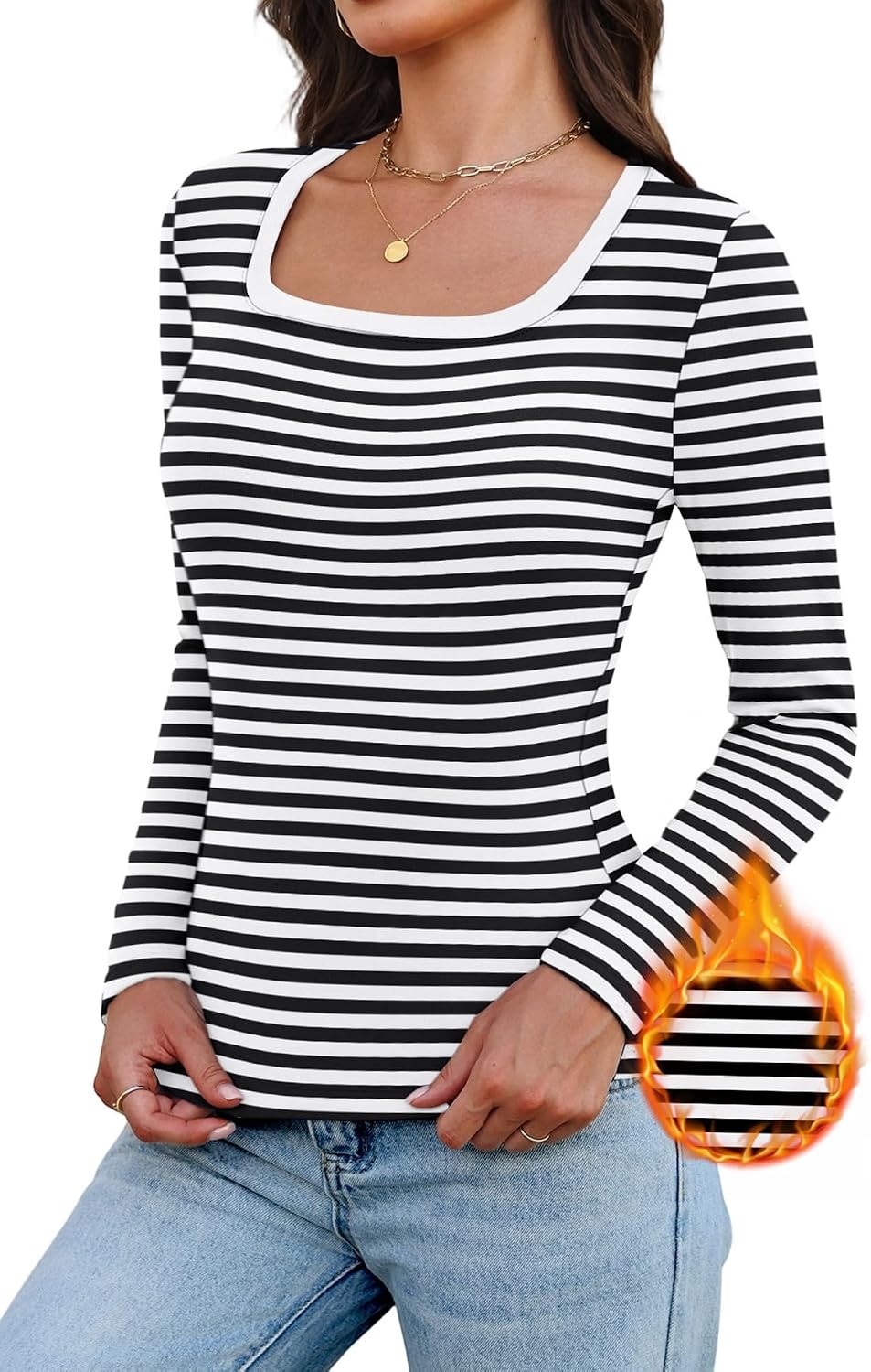 image:imageWIHOLL Long Sleeve Thermal Shirts for Women Fall TopsBlack Striped