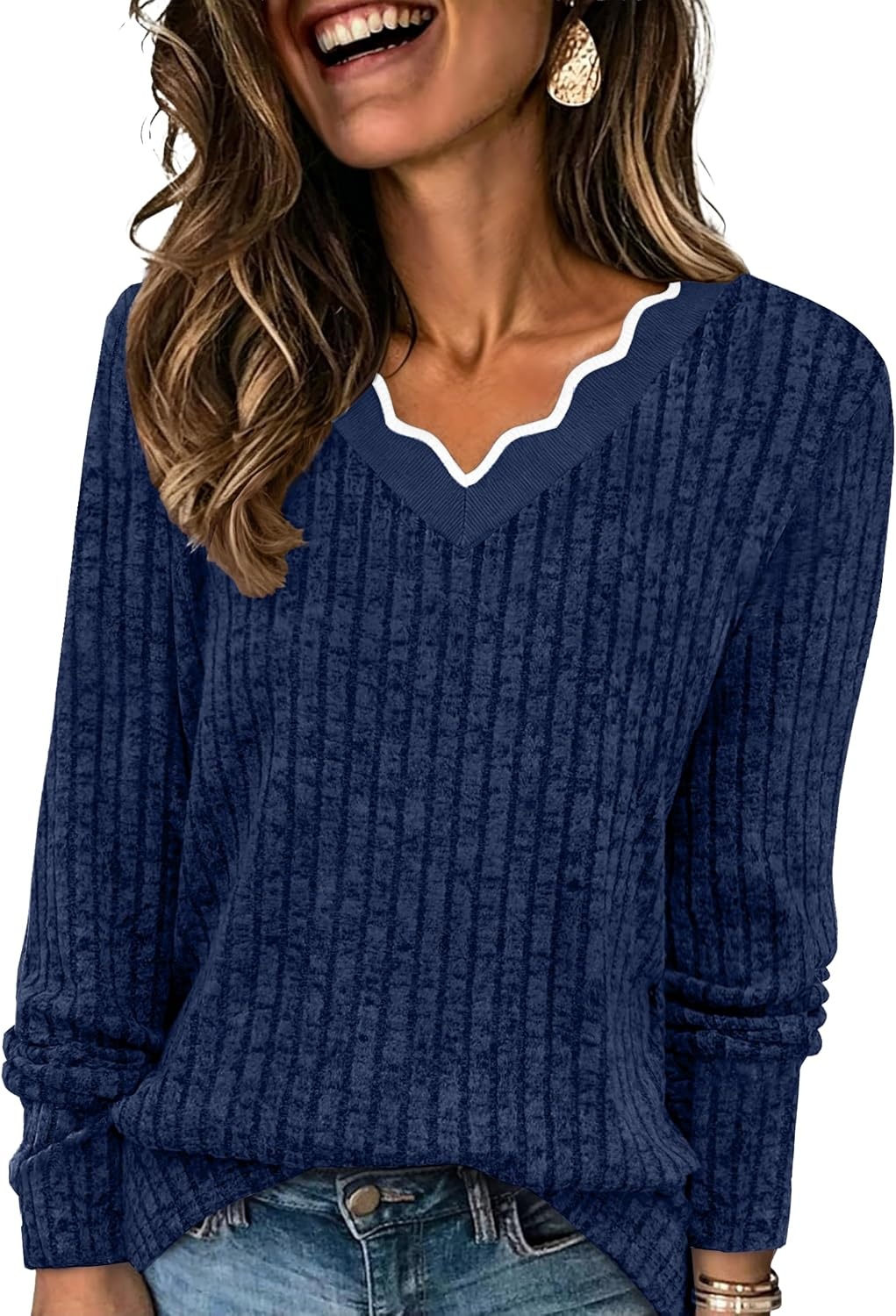 image:imageWIHOLL Long Sleeve Womens Shirts Lightweight Fall Tunic Top V Neck Sweaters02blue