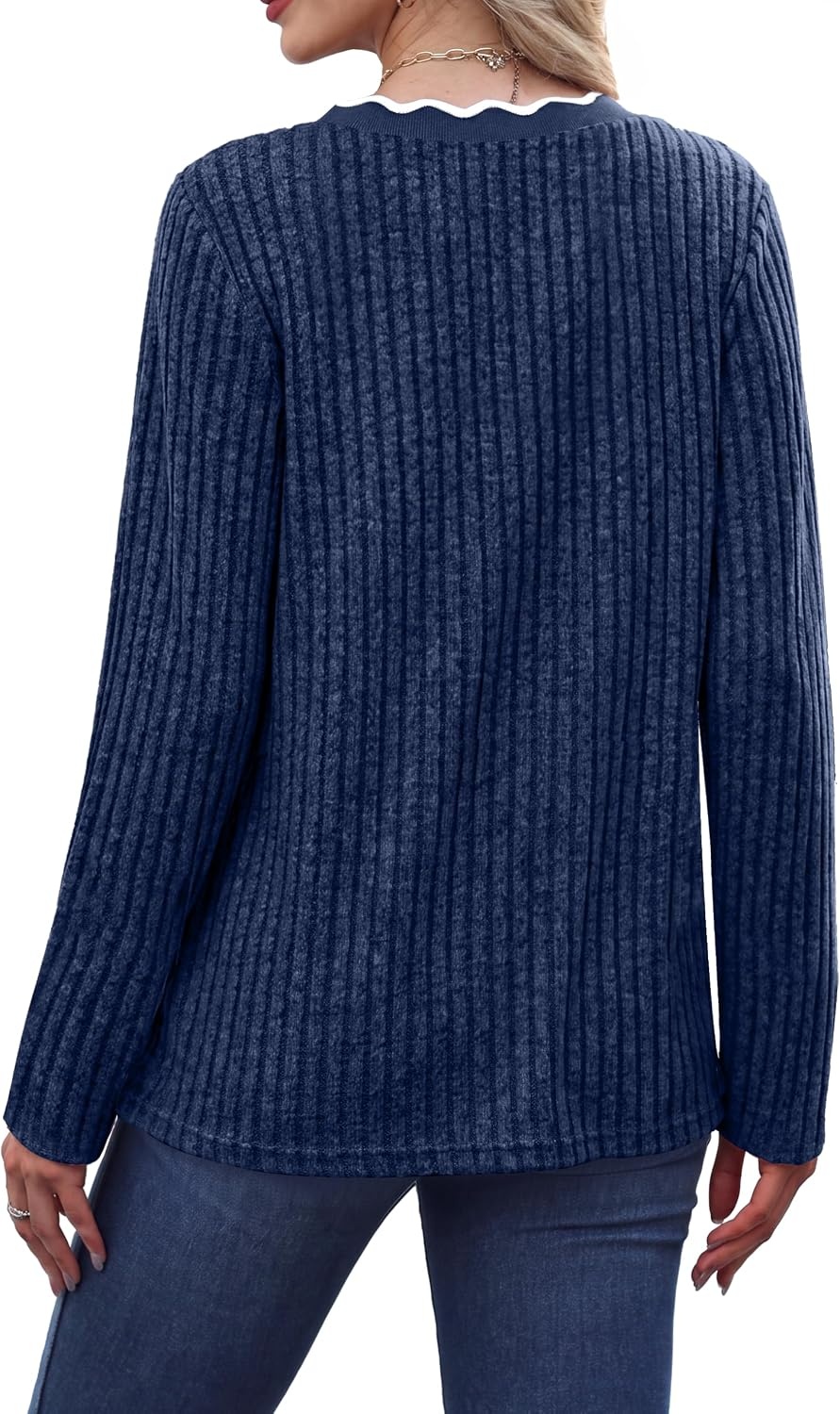 image:imageWIHOLL Long Sleeve Womens Shirts Lightweight Fall Tunic Top V Neck Sweaters02blue
