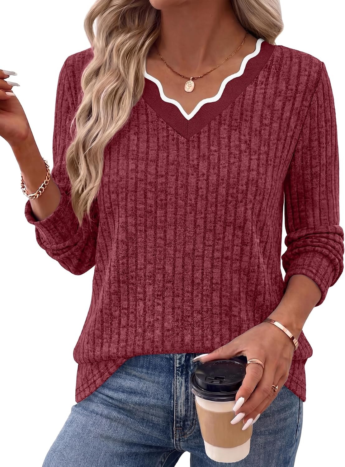 image:imageWIHOLL Long Sleeve Womens Shirts Lightweight Fall Tunic Top V Neck Sweaters03red