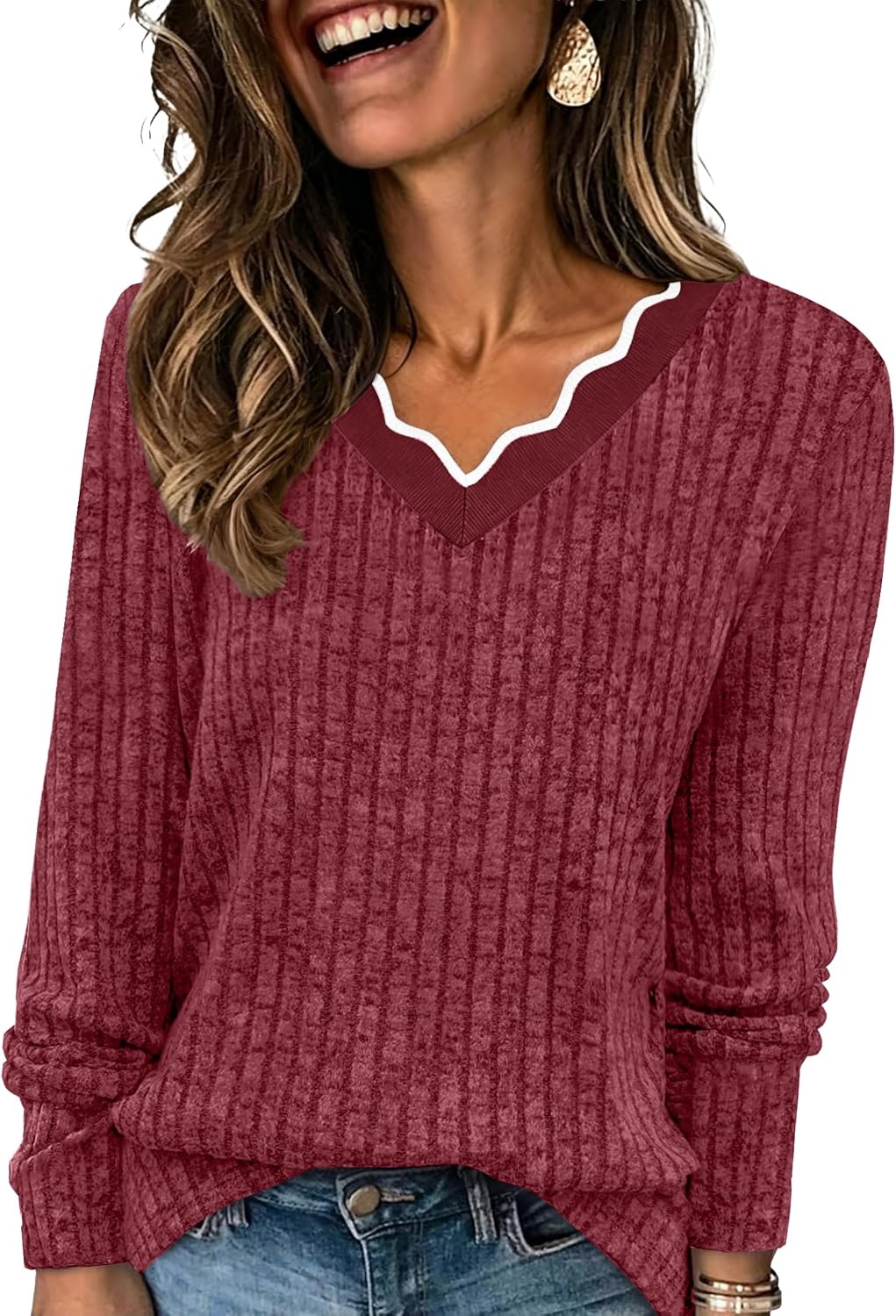 image:imageWIHOLL Long Sleeve Womens Shirts Lightweight Fall Tunic Top V Neck Sweaters03red