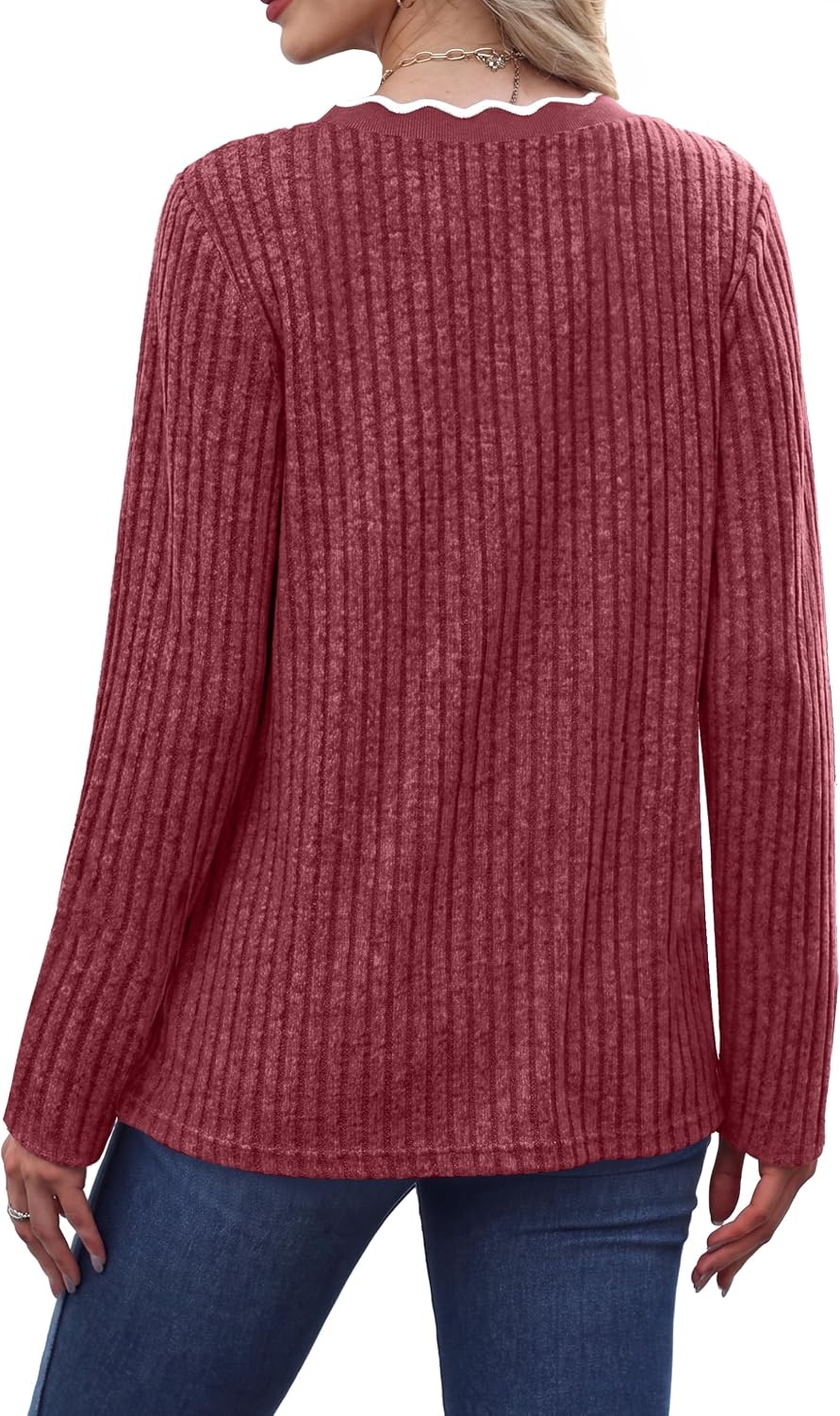 image:imageWIHOLL Long Sleeve Womens Shirts Lightweight Fall Tunic Top V Neck Sweaters03red